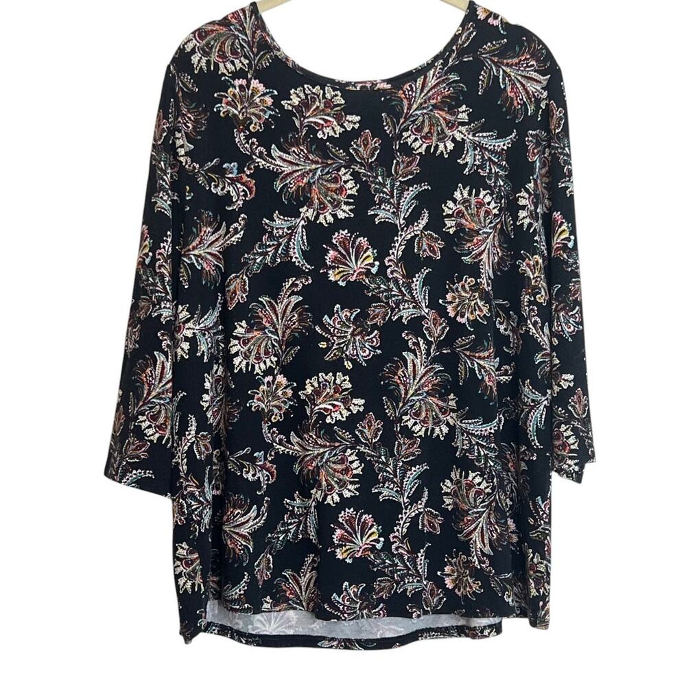 J Jill Wearever Collection Womens Knit Top Size Large Black Floral Paisley